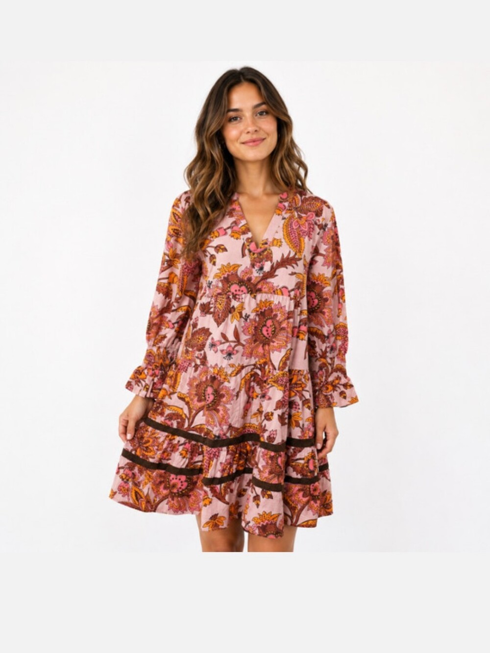 Tuckernuck Pink Floral sunset chintz Block Print Tiered Dress XXL babydoll NEW